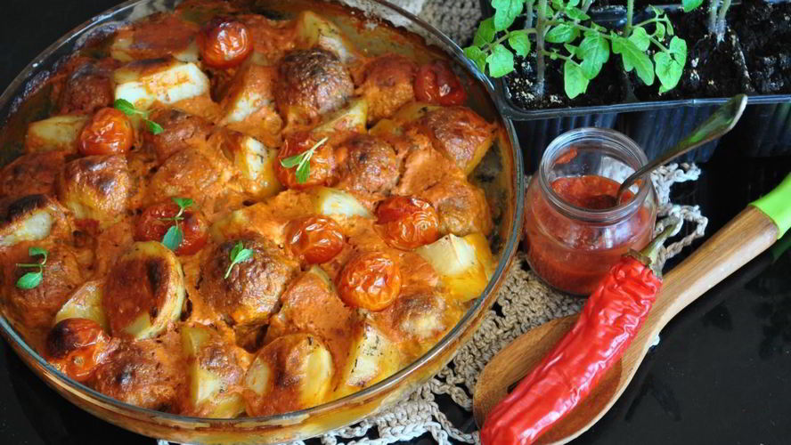 Рецепт запеченного картофеля с фрикадельками