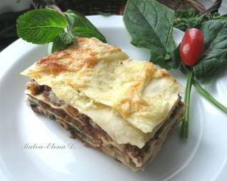 Лазанья с рагу болоньезе, грибами и моцареллой