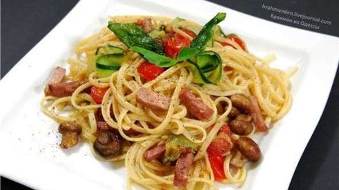паста с шампиньонами и окороком