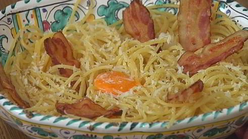 спагетти карбонара с желтками пашот