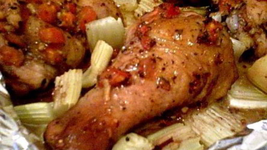 Рецепт курицы под горчичным маринадом, запеченная с овощами