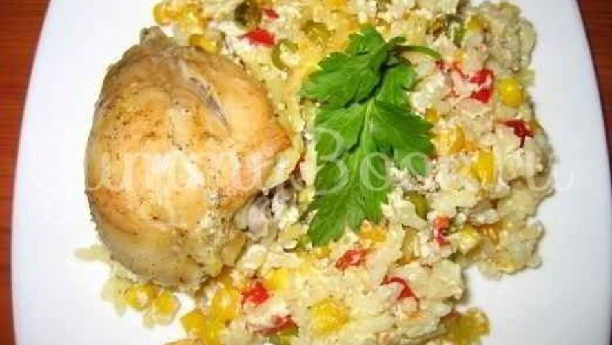 Рецепт курицы, запеченной в духовке с рисом и овощами