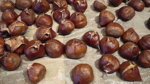 утиная грудка c гранатом, яблоками и каштановым пюре