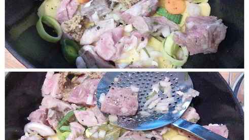 слоеное рагу из мяса и овощей под хлебной корочкой