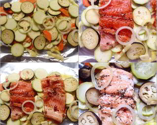 Форель, запеченная в фольге с сезонными овощами