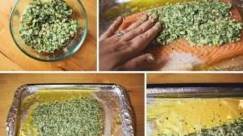 запеченная семга с зеленью и орехами