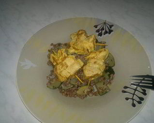 Гречетто с пивом портер и цукини и шашлык из куриной грудки в индийском стиле