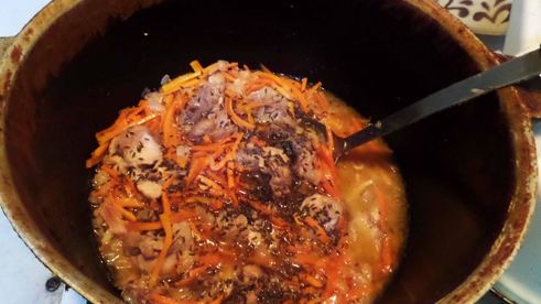 гречка с куриным мясом в казане