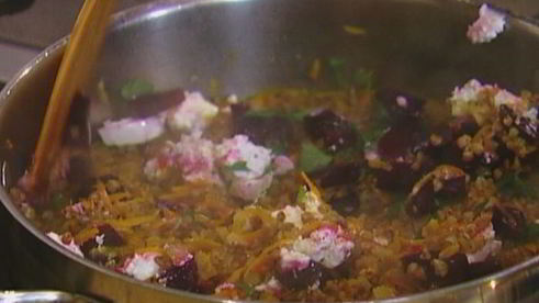 гречка с овощами, козьим сыром и белым вином