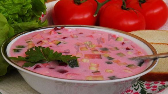 Рецепт Холодного борща из маринованной свеклы с колбасой