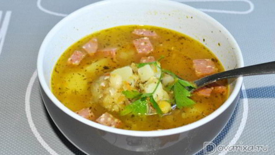 Рецепт горохового супа с колбасой