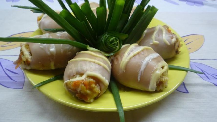 Рецепт рулета кальмары фаршированные грибами и рисом